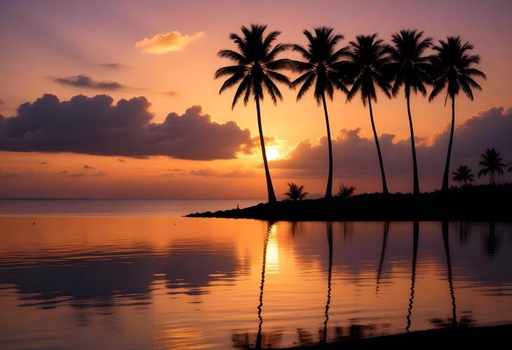 Relaxing Sunset Over Calm Waters with Silhouetted Palm Trees Framing a Beautiful and Peaceful