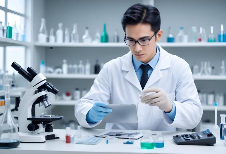 Research Lab Concept Scientist with Tablet Computer, Microscope, and Chemical Test Tube