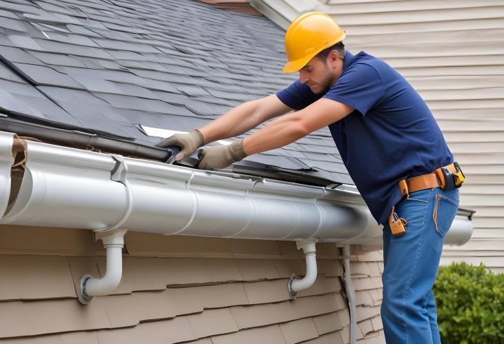 Residential Gutter Installation Contractor Attaching Aluminum Rain Gutters and Down Spouts