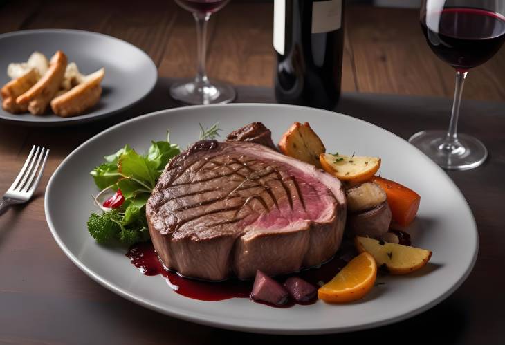 Restaurant Style Rib Eye Steak Accompanied by Red Wine, Glass, and Gourmet Garnishes