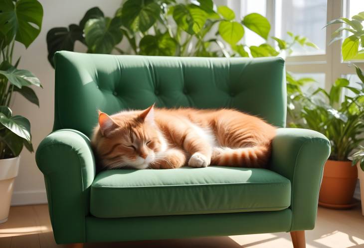 Retro Armchair with Multicolor Cat in Scandinavian Interior Surrounded by Green Plants