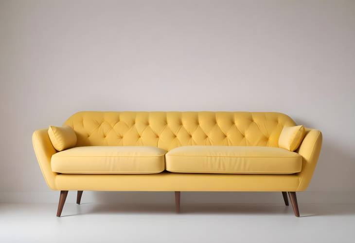 Retro Inspired Yellow Sofa with Wooden Legs, Isolated on White Background