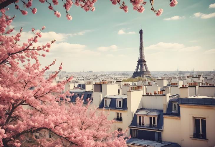 Retro Paris Skyline Eiffel Tower and Rooftops in Spring Bloom