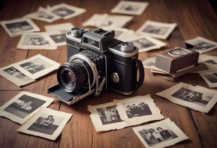 Retro Vintage Camera on Wooden Table with Surrounding Old Photos and Memorabilia