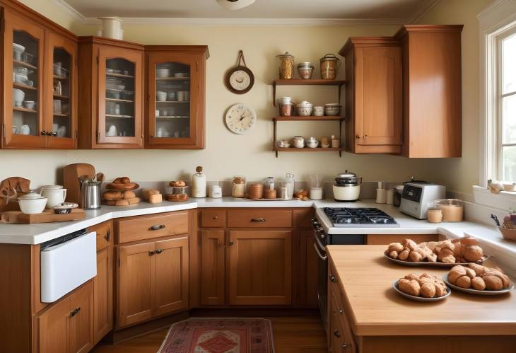 Retro Vintage Kitchen with Wooden Cabinets and Baked Goods