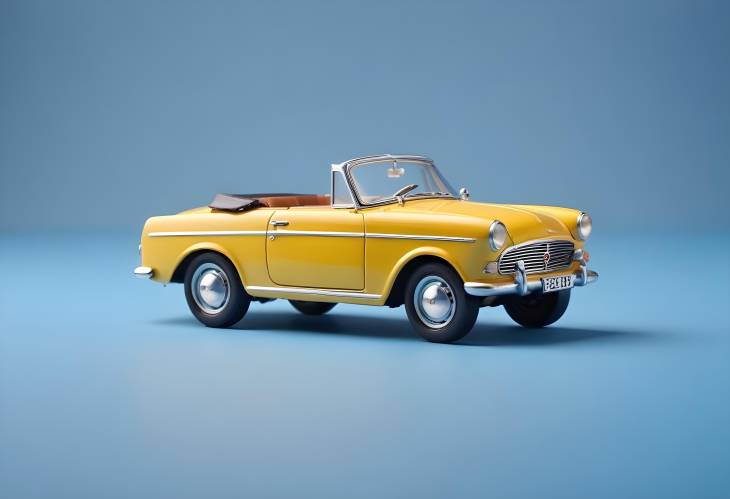 Retro Yellow Toy Cabriolet Model on Solid Blue Background, Miniature Car Side Angle