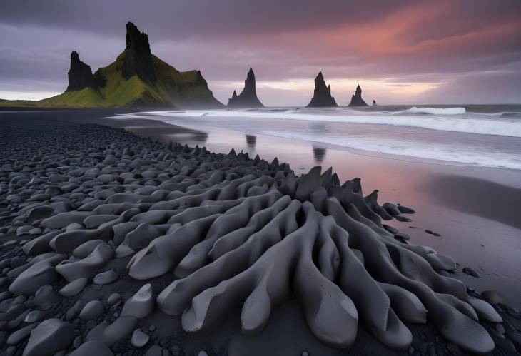 Reynisdrangar Basalt Columns Troll Toes on Black Beach, Vik, Iceland Coastal Wonder