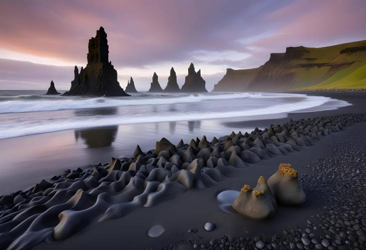 Reynisdrangar Iconic Troll Toes Basalt Formations on Iceland Black Beach