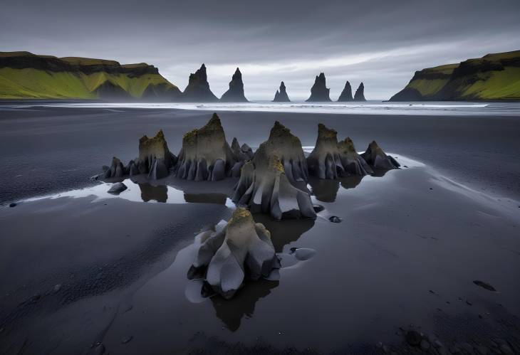 Reynisdrangar Troll Toes Basalt Rock Formations on Iceland Black Sand Beach