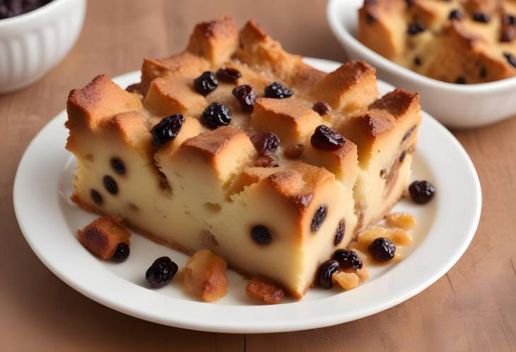 Rich and Cozy Bread Pudding Sweet Dessert with Raisins, Spices, and Stale Bread,