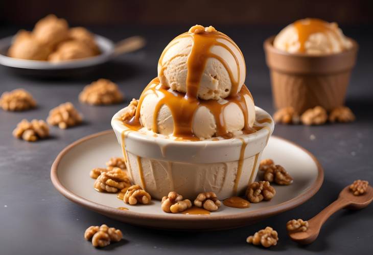 Rich and Creamy Walnut Caramel Ice Cream  Nutty Delight with Sweet Caramel, Front View Focus