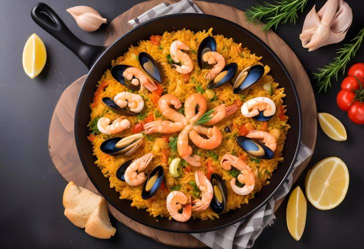 Rich and Flavor ful Seafood Paella Spanish Tradition in a Black Pan