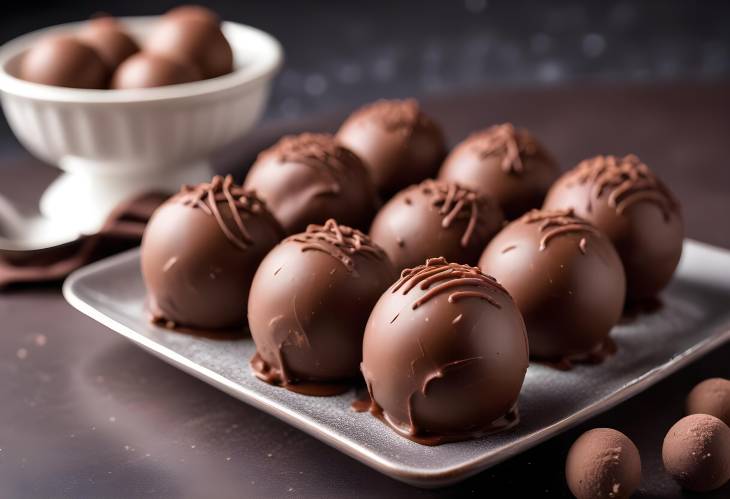 Rich Chocolate Ice Cream Truffles Small, Indulgent Balls with Focused Dish, Blurred Background