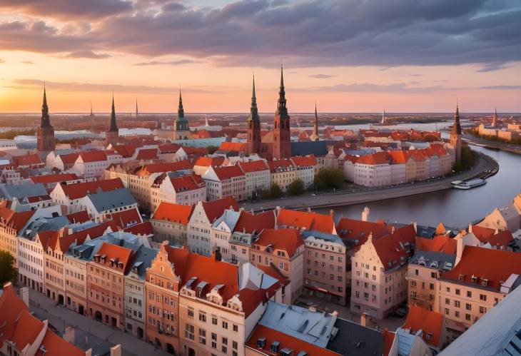 Riga City at Sunset Rooftop Panorama of Daugava River and Old Town