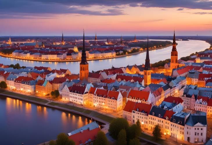 Riga Rooftop Sunset Panorama Daugava River and Historic Old Town