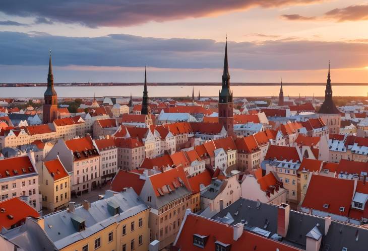 Riga Rooftops at Dusk Panoramic Sunset Over Daugava River and Old Town