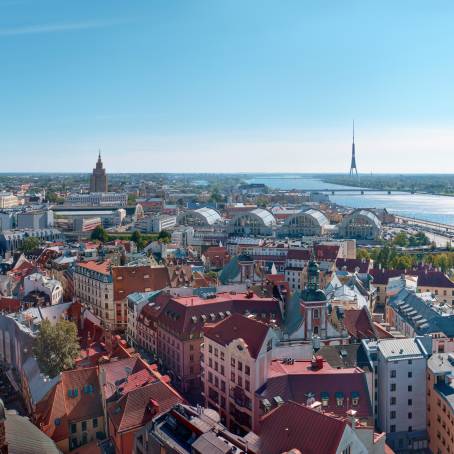 Riga Sunset Panorama with Old Town and River