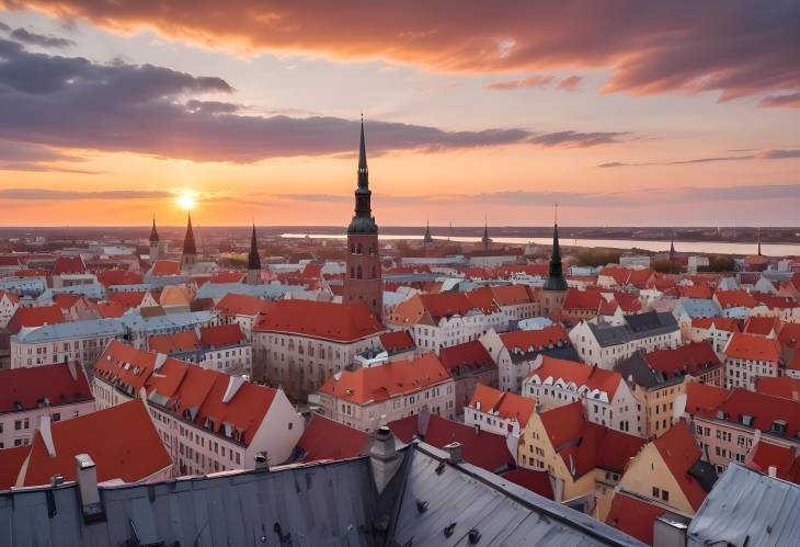 Riga Sunset Rooftop Panorama with Daugava River and Old Town Architecture