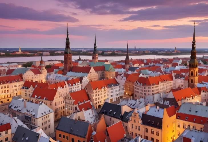 Riga Sunset Rooftop View Panoramic Over Daugava River and Historic Old Town