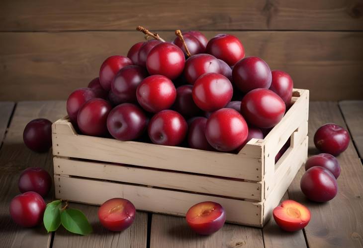 Ripe Red Plums in a Wooden Crate on a Farm