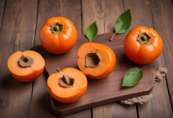 Ripe Sharon fruit, also known as persimmon, on a wooden background, a local and seasonal delight