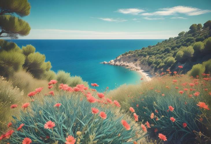 Riviera Coast Landscape Turquoise Water, Floral Beauty, and Blue Sky of Cte dAzur in Retro Tone