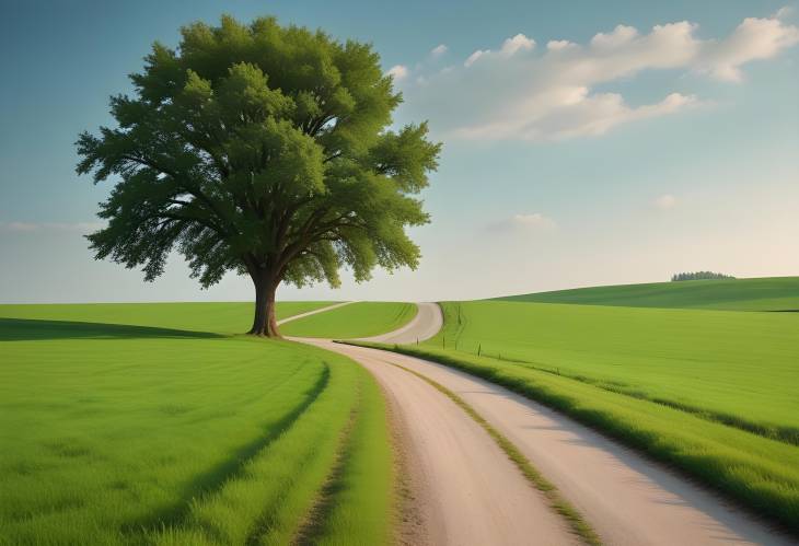 Road and Tree on Expansive Green Field Scenic Countryside View