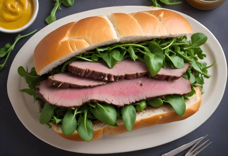 Roast Beef Sandwich with Arugula and Mustard from an Overhead Perspective