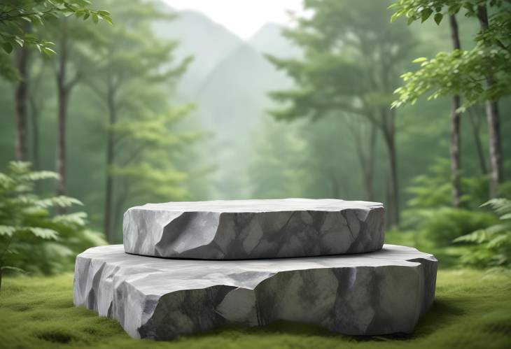 Rock Platform and Stone Podium 3D Display with Green Forest Background