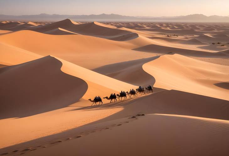 Rolling Sand Dunes and Camel Caravan Trekking Across Horizon in a Serene Desert Landscape with Dram