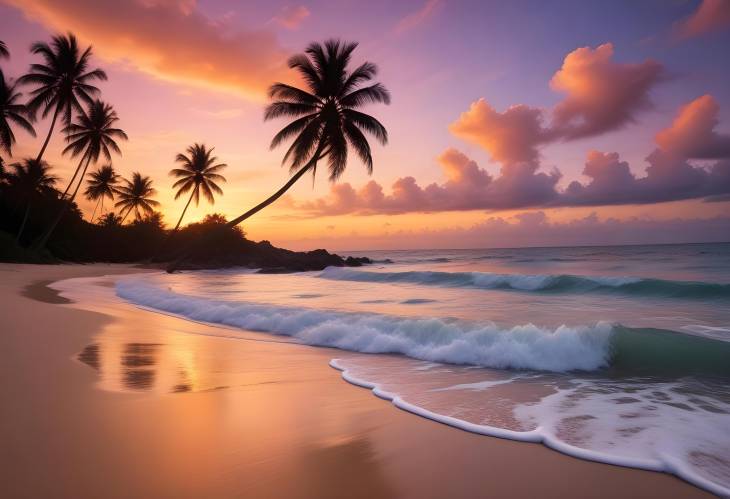 Romantic Beach Sunset with Silhouetted Palms and Calm Ocean Waves