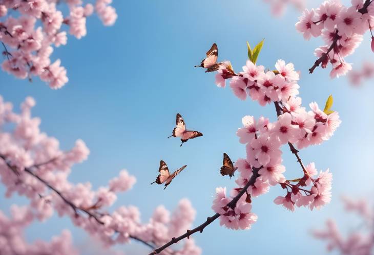 Romantic Cherry Blossom Branches with Butterflies in Spring