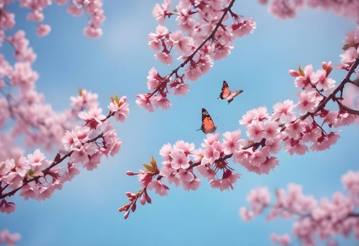 Romantic Cherry Blossom Branches with Butterflies in Spring