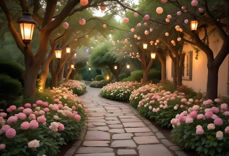 Romantic Garden Pathway with Colorful Blooming Flowers and Soft Lanterns for a Magical Evening