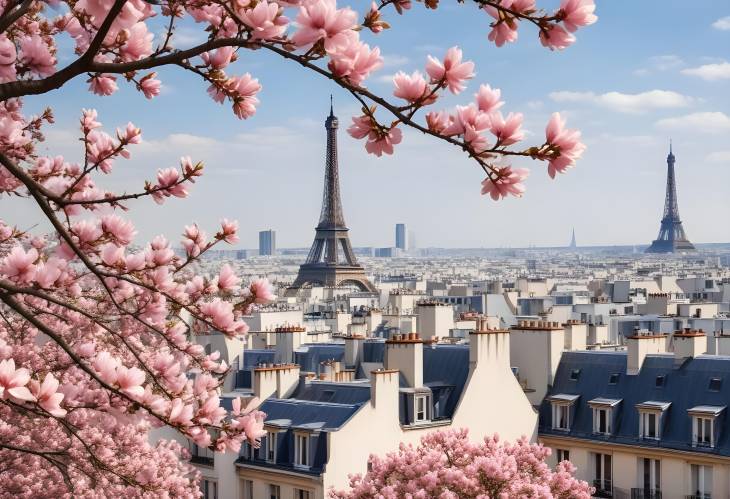 Romantic Paris Eiffel Tower with Blooming Magnolia and Rooftops