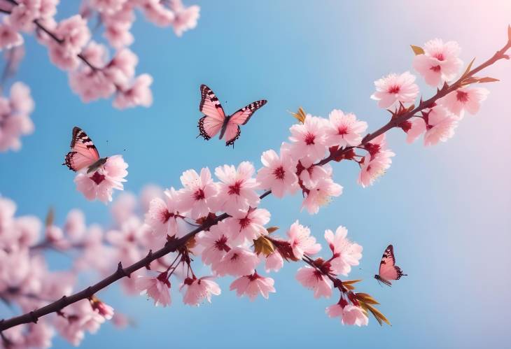 Romantic Spring Cherry Blossoms with Butterflies and Blue Sky