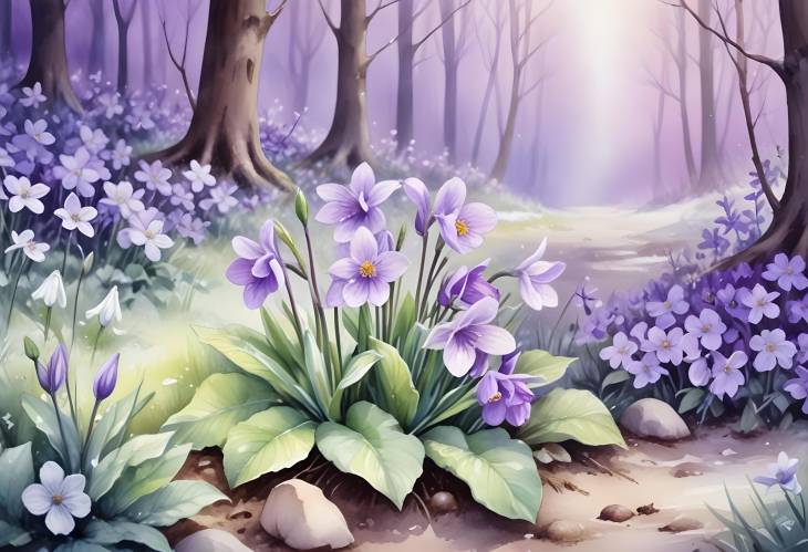 Romantic Spring Forest Watercolor of Purple Primroses and Snowdrops