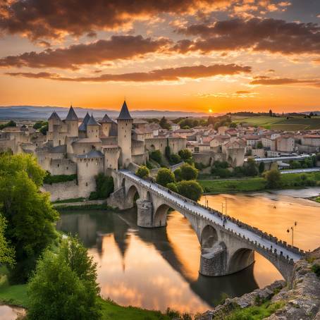 Romantic Sunset at Carcassonne Old Town and Pont Vieux, France