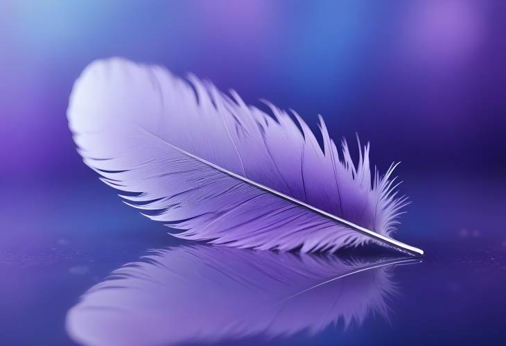 Romantic Water Drop on Feather with Mirror Reflection and Sparkling Bokeh on Blue Violet Blurred