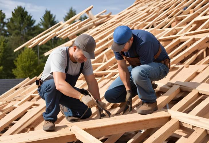 Roofing Expert in His 40s Installing Wooden Components on a New House Roof