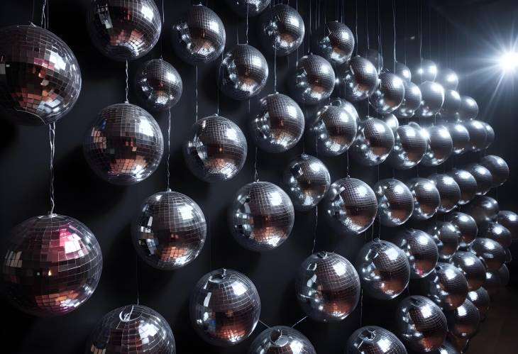 Room Filled with Multiple Shiny Disco Balls Reflecting Light in a Dark Setting  Party Vibes