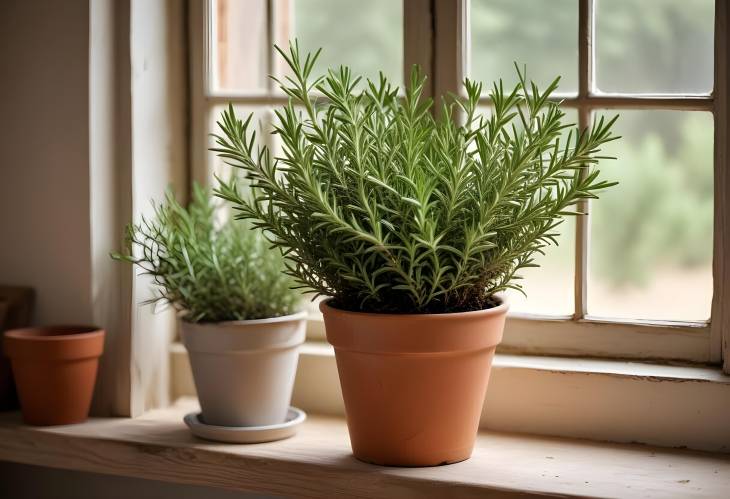 Rosemary Plant in Pot on Rustic Kitchen Windowsill  Perfect for Organic Home Gardening