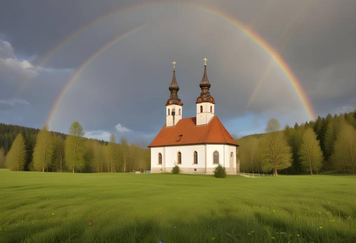 Rottenbuch Church and Spring Meadow Rainbow and Cloudy Sky in Upper Bavaria