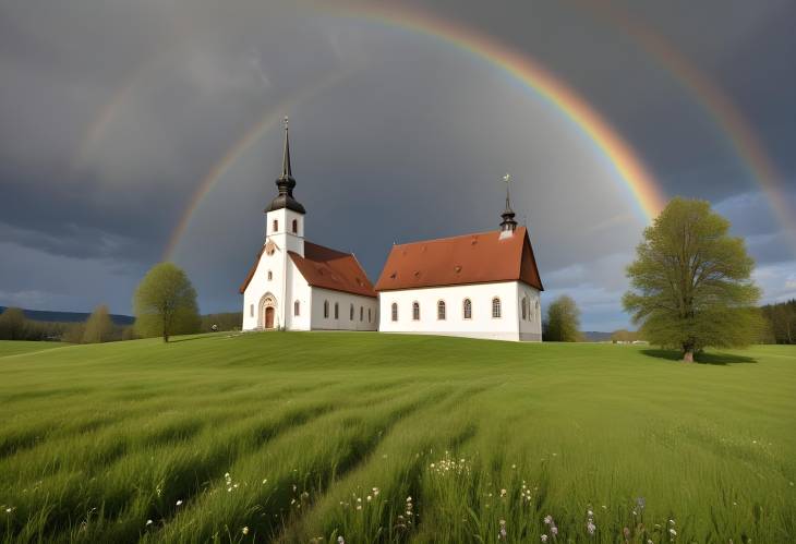 Rottenbuch Church and Spring Meadow Rainbow and Cloudy Sky in Upper Bavaria