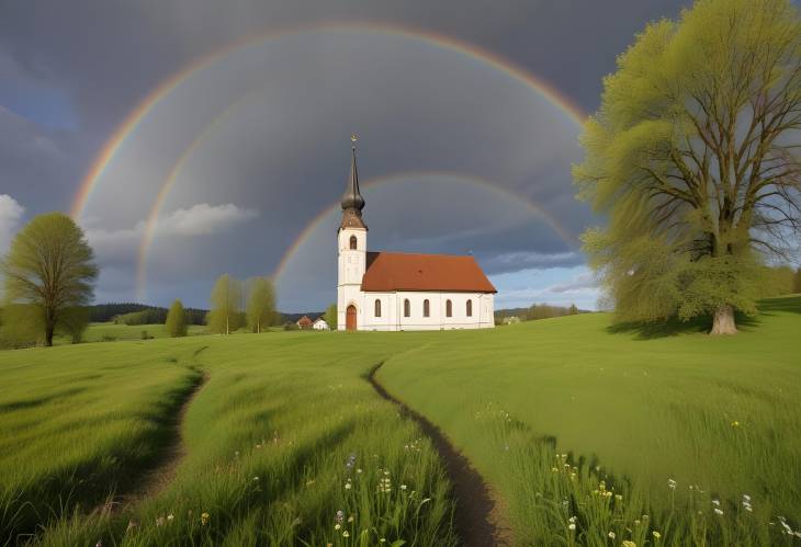 Rottenbuch Spring Landscape Church, Meadow, and Rainbow Under Cloudy Sky