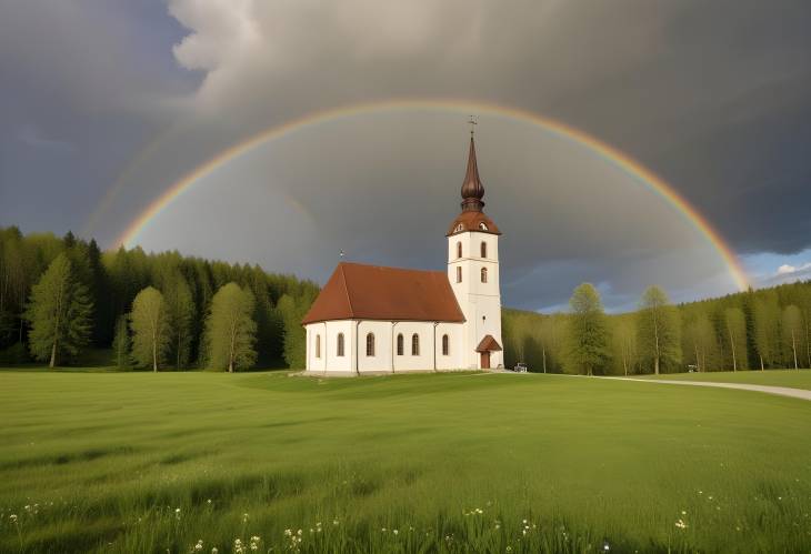 Rottenbuch Spring Landscape Church, Meadow, and Rainbow Under Cloudy Sky