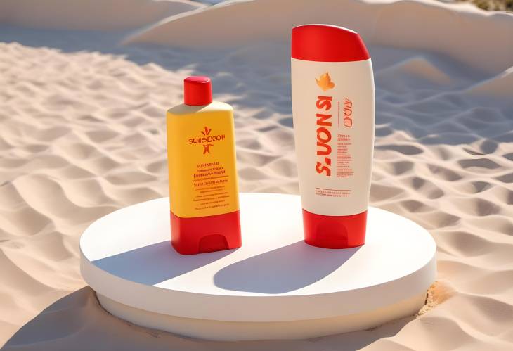 Round Podium with Red Sunscreen Tube, Concept for Protecting Skin Against UV Rays and Sun Damage