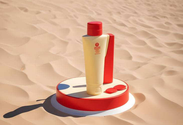 Round Podium with Red Sunscreen Tube, Concept of UV Protection and Sun Safety for Skin Care