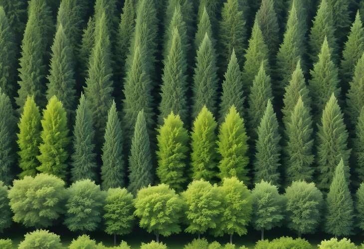 Row of Green Trees and Summer Shrubs Isolated on White Background, Forest and Foliage