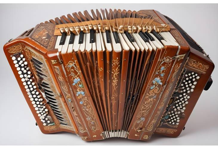 Russian Folk Accordion Handmade Musical Instrument with Artistic Painting and Inlay Isolated